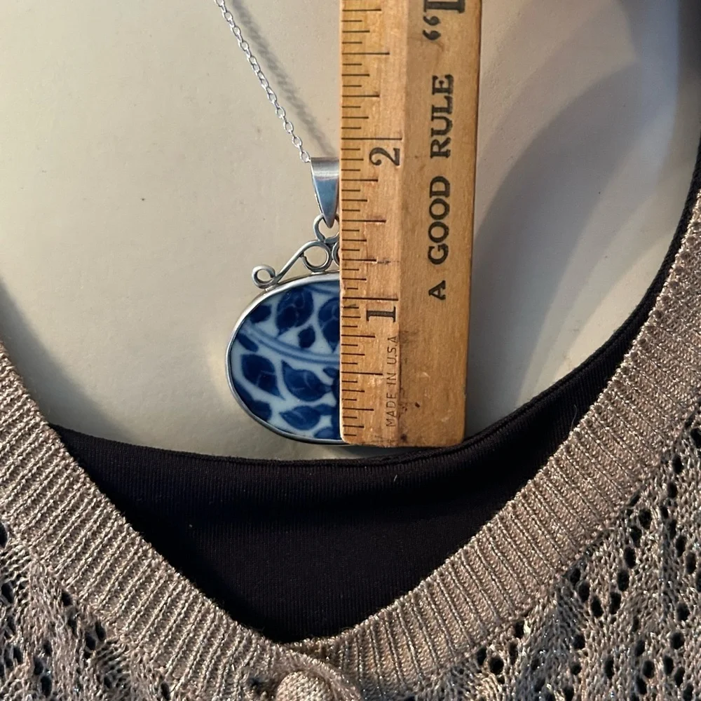 Vintage 925 Blue & White Porcelain Pendant Necklace